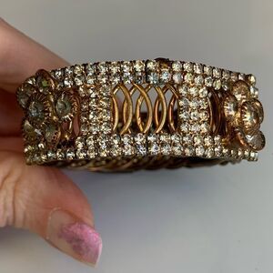 Vintage Copper Rhinestone Buckle Bracelet – Floral Deco Sparkle, 2.5” Dia